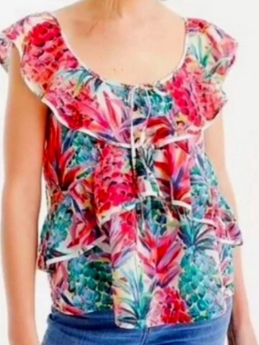 J. Crew Ruffle Flutter Sleeve Tropical Hawaiian Pineapple Print Top Size 00 XXS